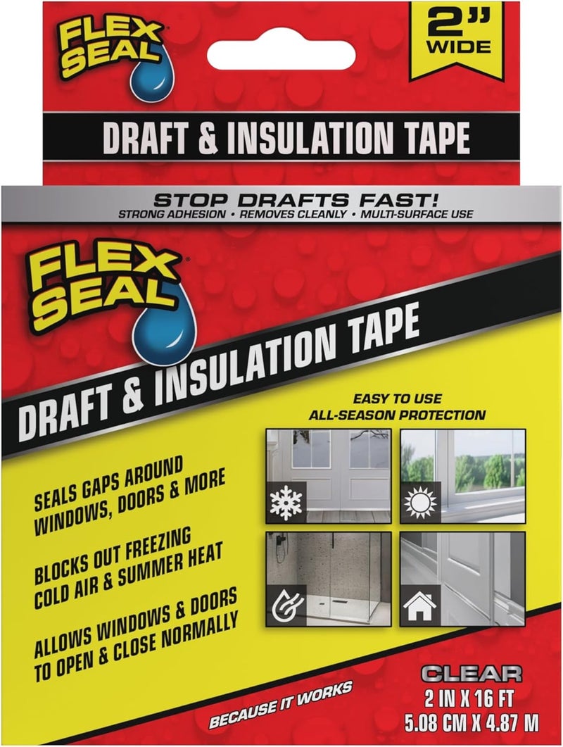 Flex Seal Draft and Insulation Sealing Tape, Flexible, Rubberized, Weatherproof Strip for Windows, Doors, Vents, Works on Wood, Glass, Tile, Metal, Plastic, Fiberglass, Clear, 2 in x 16 ft, Pack of 1 - Image 1